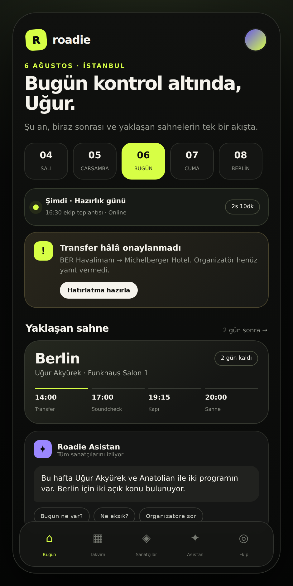 Roadie uygulamasının Bugün ekranı: yaklaşan sahne, bekleyen transfer onayı ve günün akışı